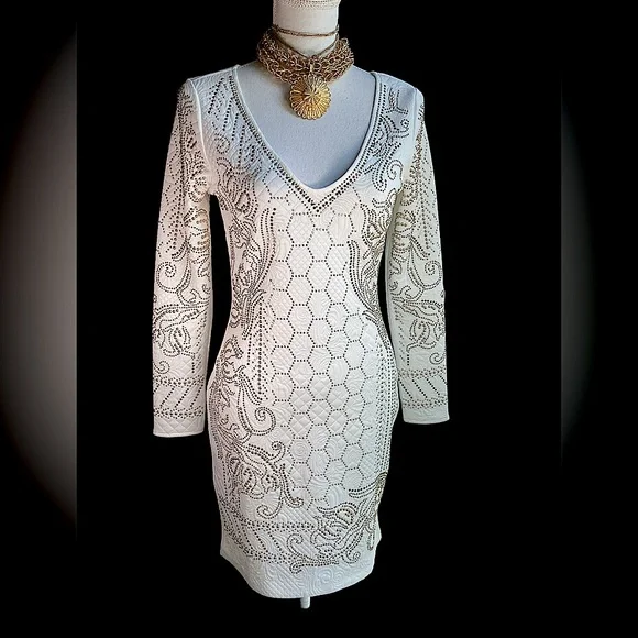 White Long Sleeve Bodycon Studded Date Night Dress. B29 | Color: Silver/White | Size: M | Ttsvintage's Closet White Long Sleeve Bodycon Studded Date Night Dress. B29 | Color: Silver/White | Size: M | Ttsvintage's Closet